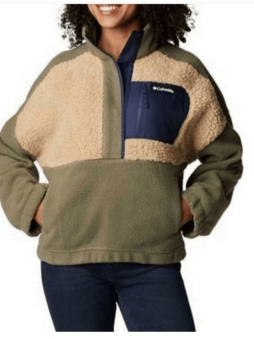 Columbia Sherpa Fleece Pullover - Olive, Cream & Navy Pocket With Snaps
